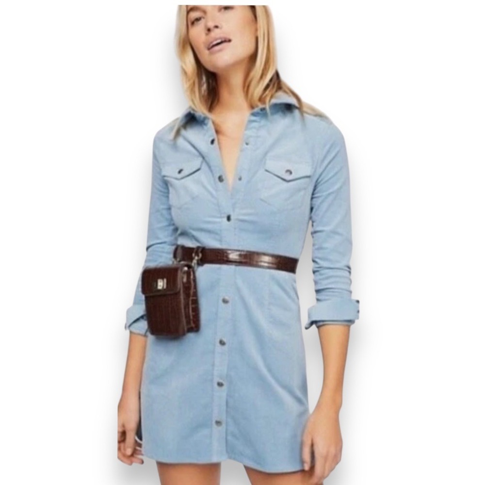 FREE PEOPLE Dynomite Blue Corduroy‎ Long Sleeve Mini Dress Small | EUC